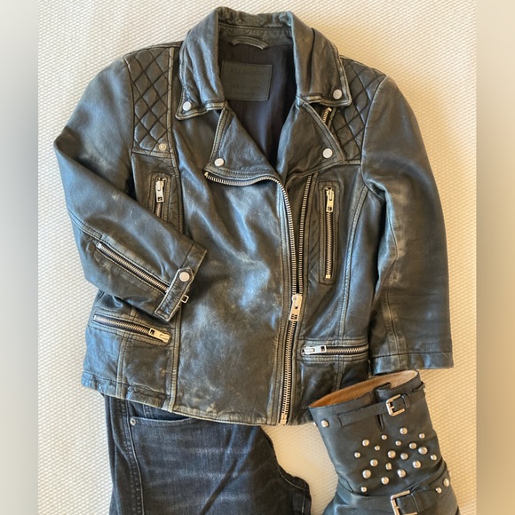 ALL SAINTS BLACK LEATHER BIKER / MOTO JACKET - Picture 3 of 5